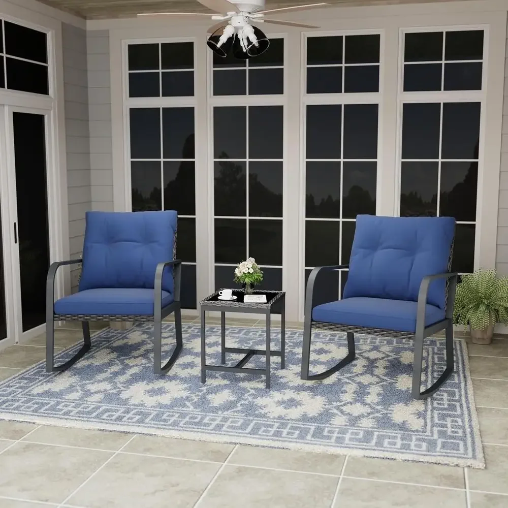 3-Piece Outdoor Patio Furniture Set with Table and Rocking Chairs, Ideal for Garden, Balcony, Poolside, and Backyard, Blue