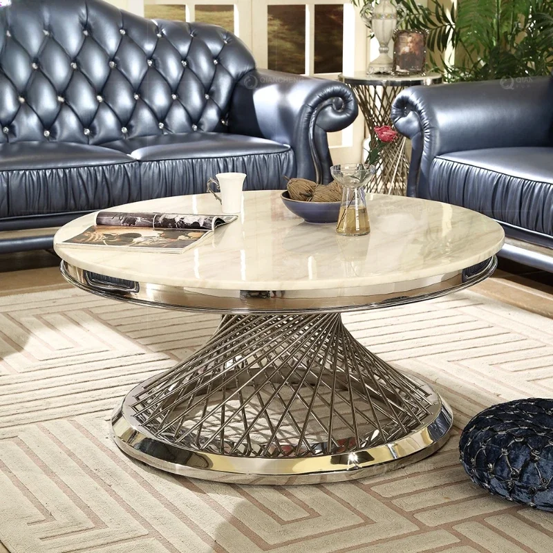 

Luxury coffee table living room furniture marble table top gold metal stainless steel round