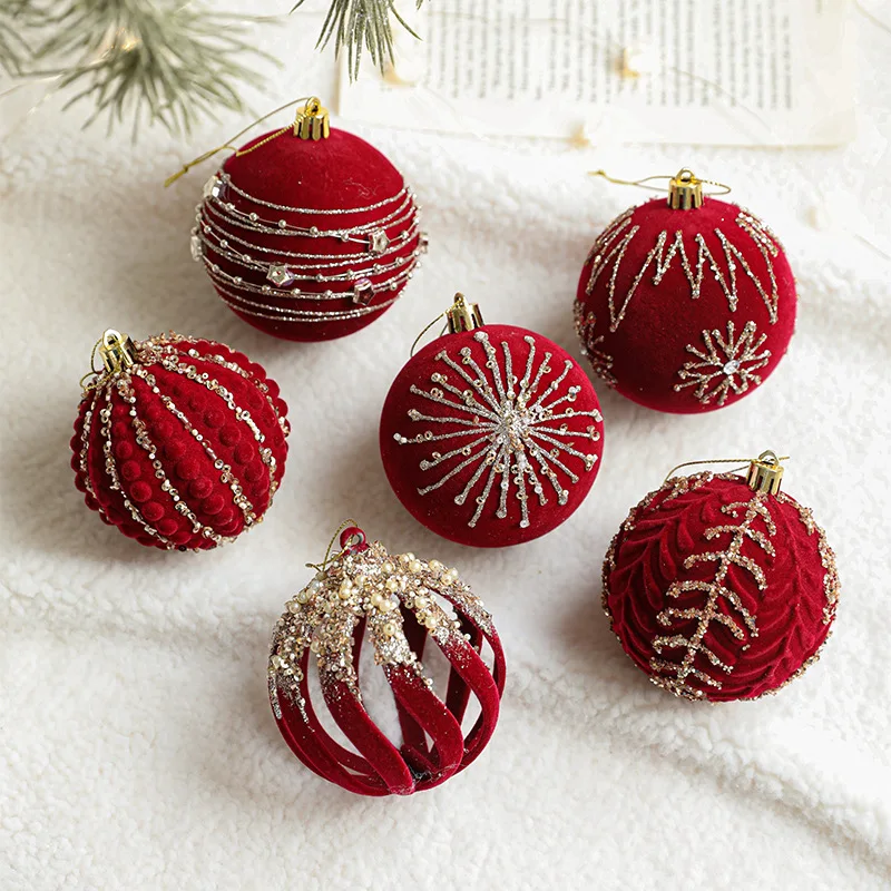 Burgundy Flocked Glitter Christmas Ball Ornaments – 4-Piece Set 5
