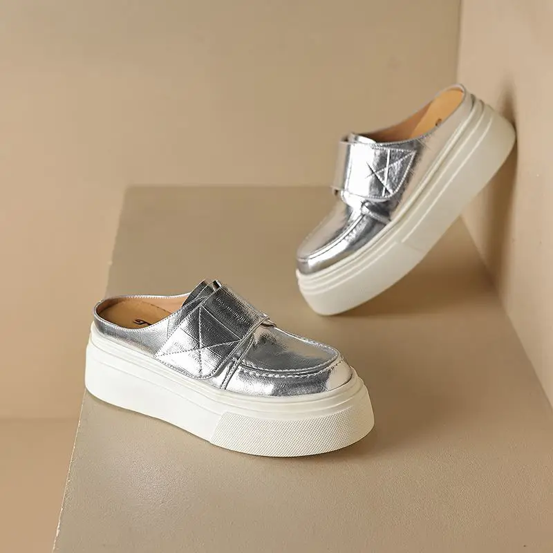 Krazing Pot Mules Full Grain Leather Summer Slip On Round Toe Flat Platform Silver Color Women Fashion Leisure Outside Slippers