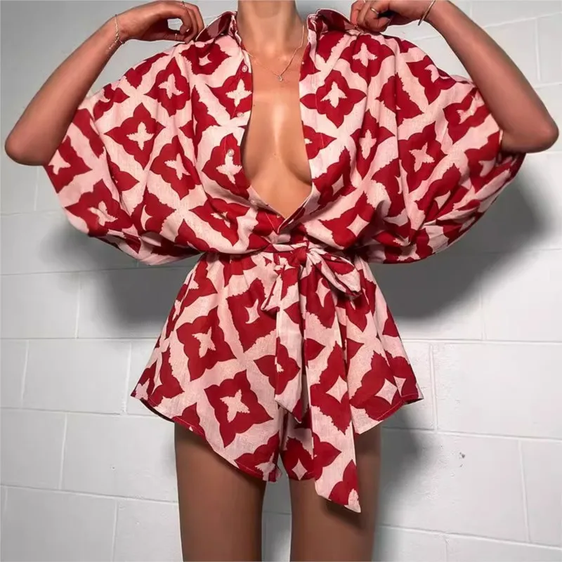 

Summer Women's Fashionable Printed Strap Short Sleeved Jumpsuit Shorts Elegant Women's Deep V-neck Button Blouse Jumpsuit Casual