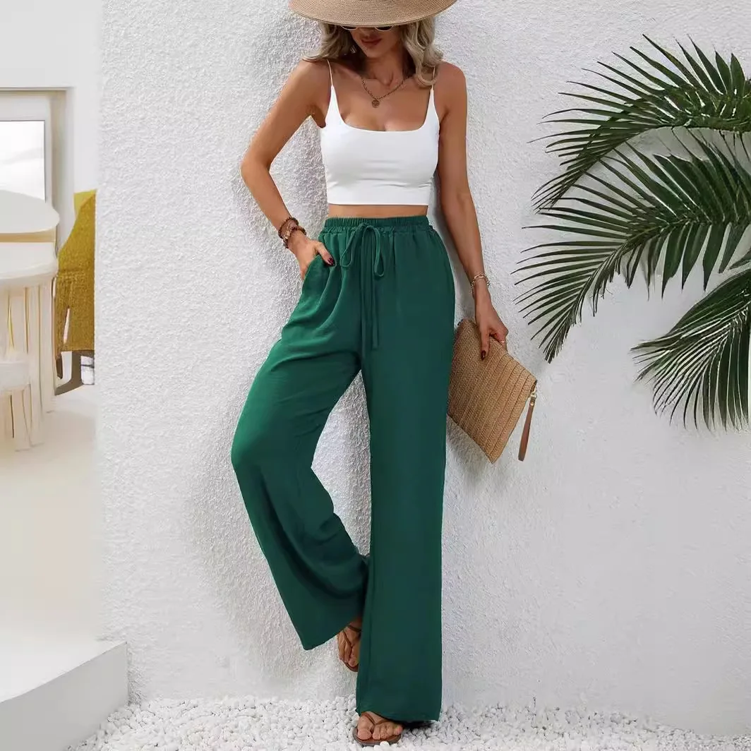 Nouveau femmes pantalons solides été glace soie pantalon à jambes larges taille haute Cilia pantalon droit ample femmes pantalons décontractés