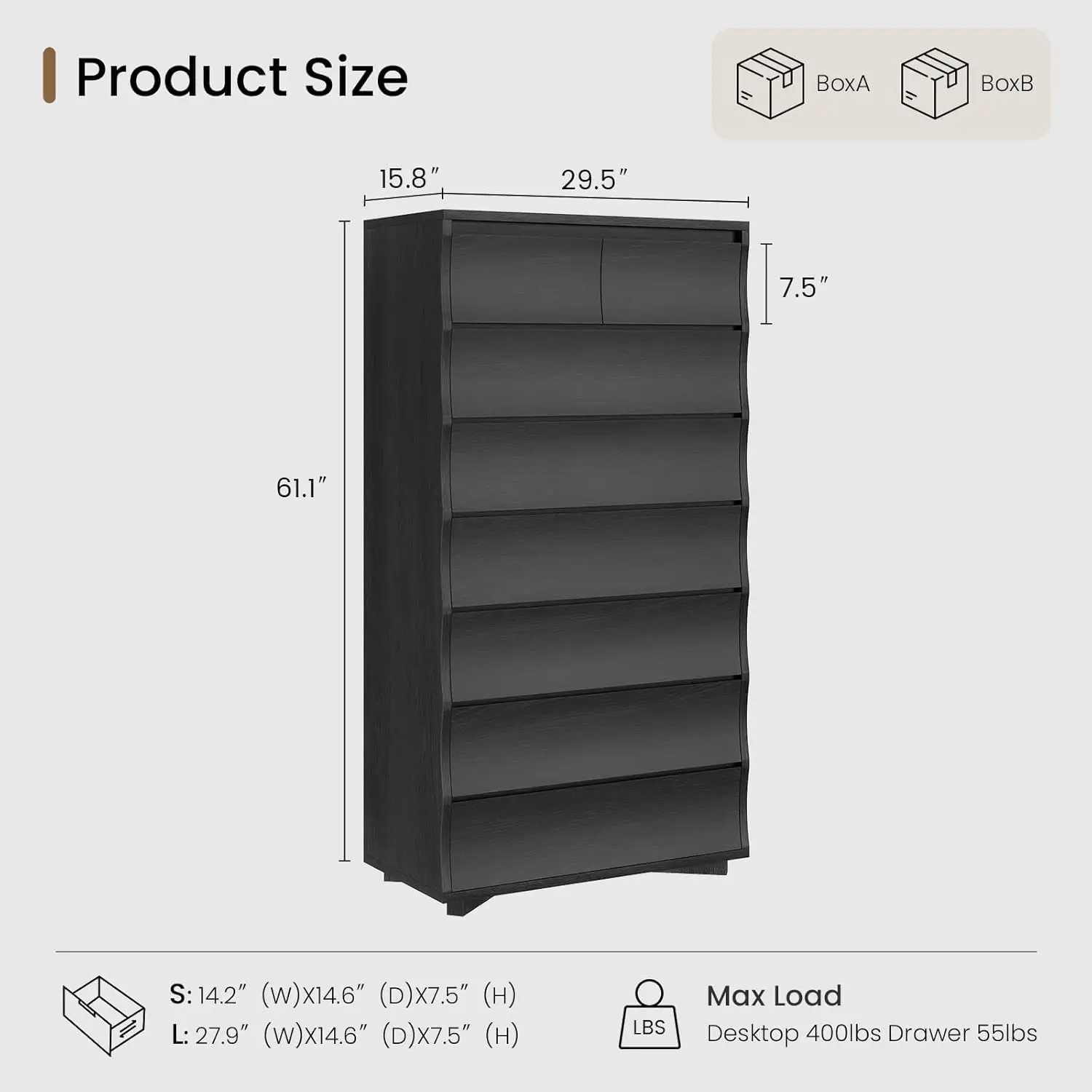 Black Wood Dresser for Bedroom, Hallway, and Closet with 8 Drawers for Organizing