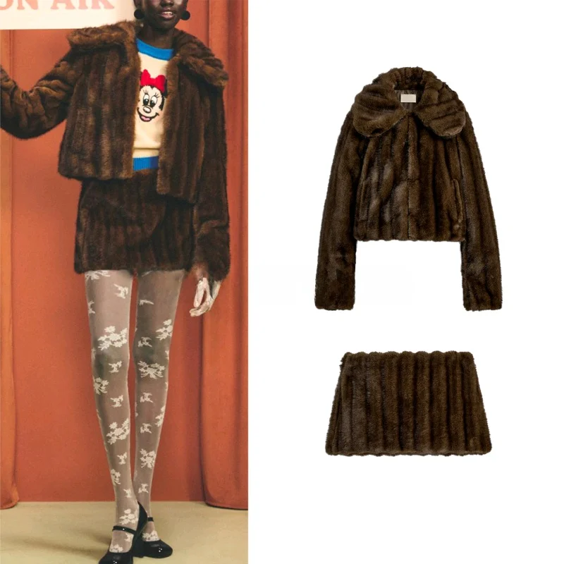 

Artificial Fur Effect ort Jaet Coat A-Line Low Waist ort Skirt Ele Sle Long Sve Autumn Faion Set for Women