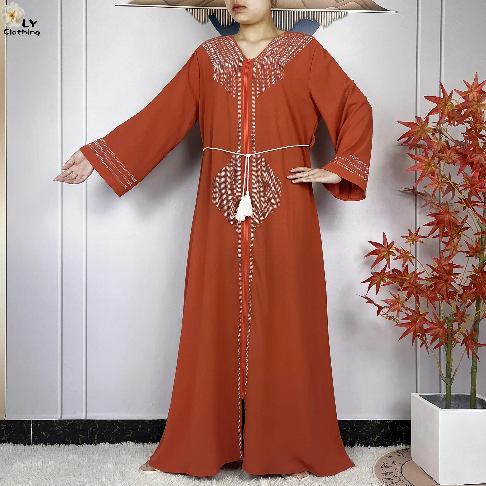 Abaya muçulmana com lenço para mulheres, manga comprida, diamantes em chiffon, roupão solto, maxi islâmico, moda de Dubai, vestidos de festa, 2022