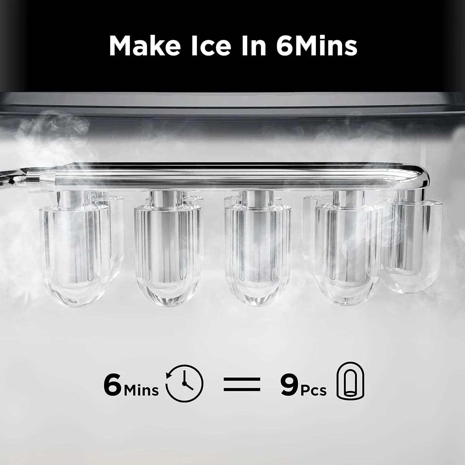 Bancada Ice Maker com Ice Scoop e Cesta, Máquina Auto-Limpeza, 2 Tamanhos, Pronto em 6 Mins, 26lbs em 24Hrs, 9 Cubos