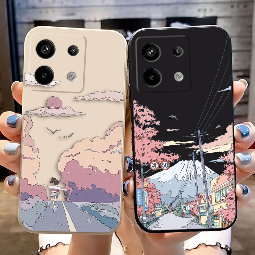 

Street Cherry Blossom snow mountain Cover Phone Case For Xiaomi Redmi NOTE 13 12 12S 11 11T 11S 10 10T 10S 9 8 7 PRO Color Case