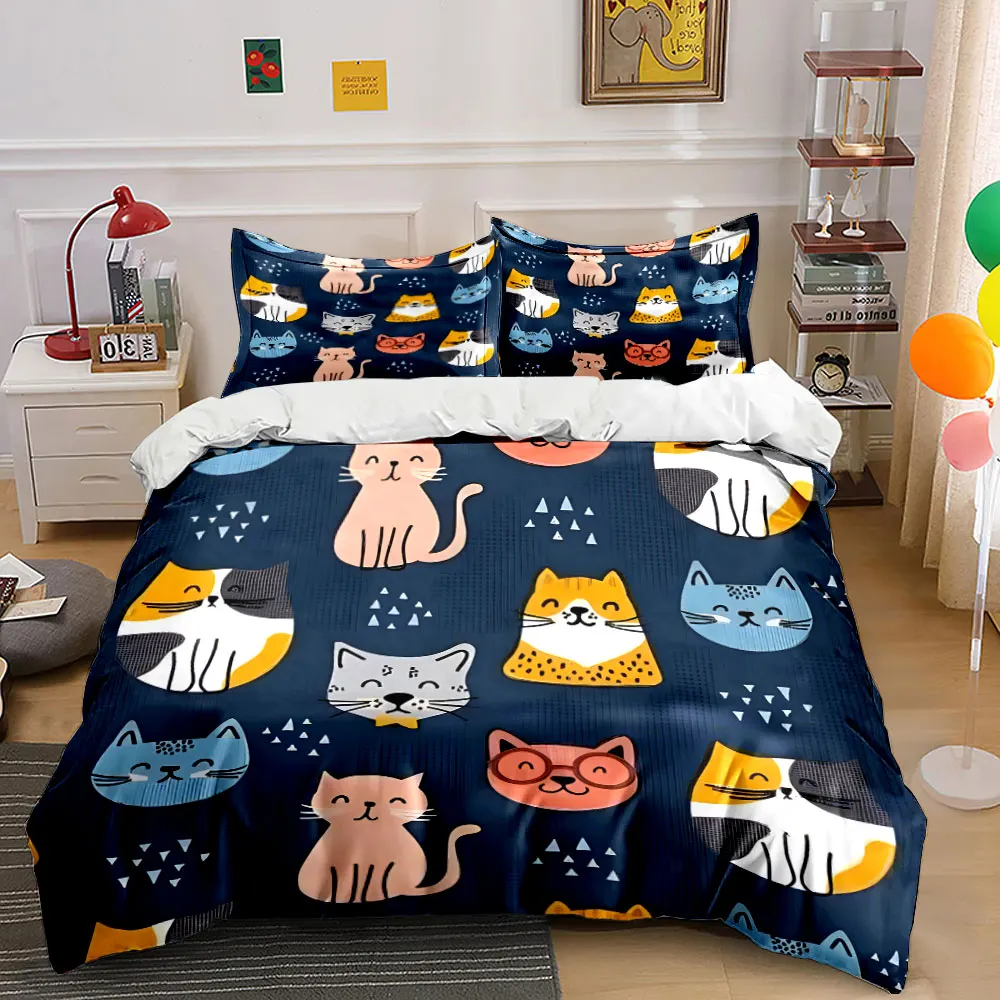 3Pcs Whimsical Cat Bedding Set, Playful Kittens Pattern on Navy Blue Print Duvet Cover, Cozy Kids Bedroom Decor