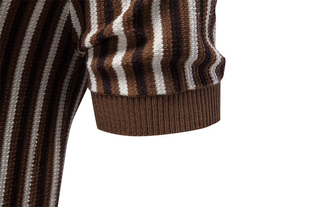 New summer men's knitted polo shirt (striped V-neck short sleeve casual retro fitted style breathable knitted T-shirt) for men