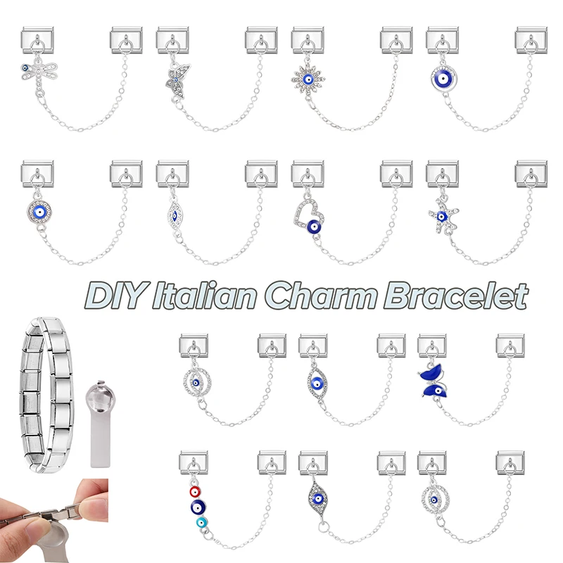 Vintage Blue Devil Eyes Zircon Tassel Chain DIY Italian Charm Links Fit 9mm Bracelet Stainless Steel Men Women Jewelry Gifts