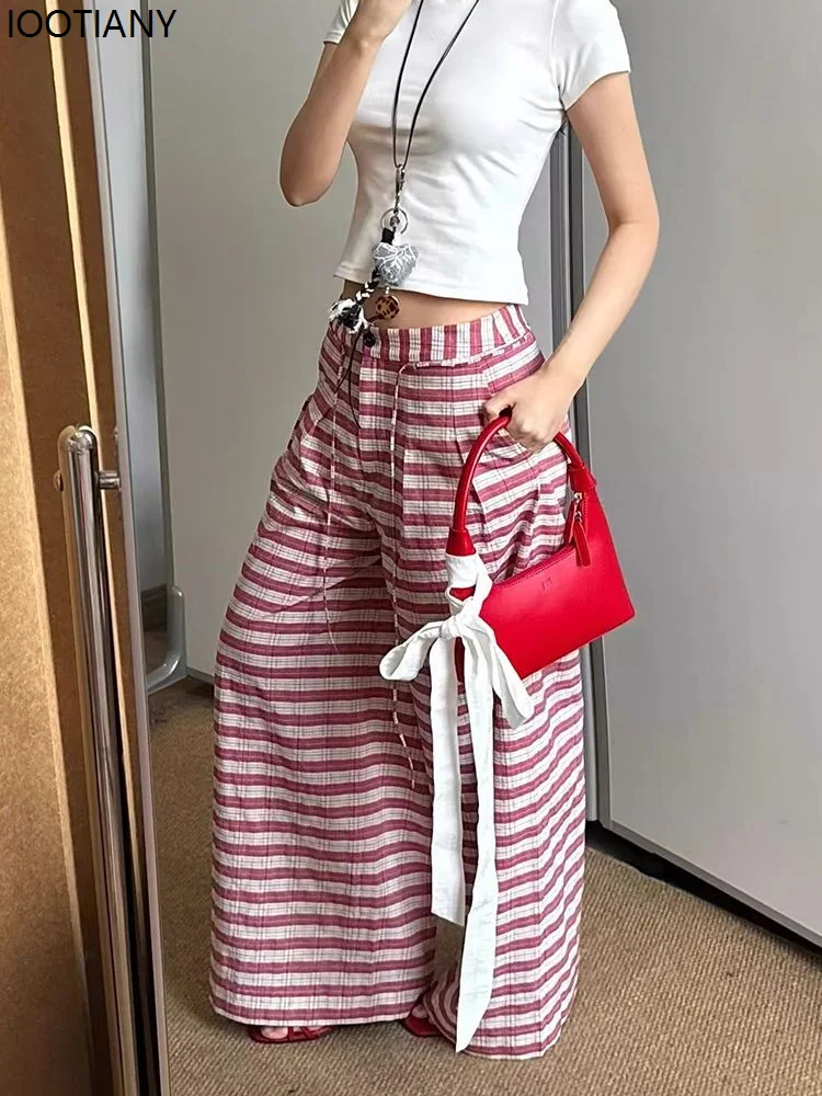 Sweet Girl Striped Lace-up Oversized Women's Pants Wide Leg Korean Style Fashion Straight Pants Loose Basic Casual Youth Summer