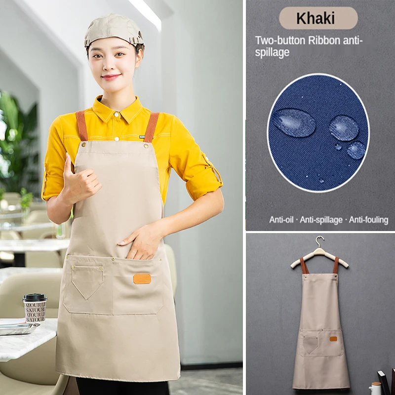 Customized Embroidery Brand Logo Waterproof Signature  Kitchen Aprons Home Chef Baking Clothes With Pockets Adult Bib Waist Bag