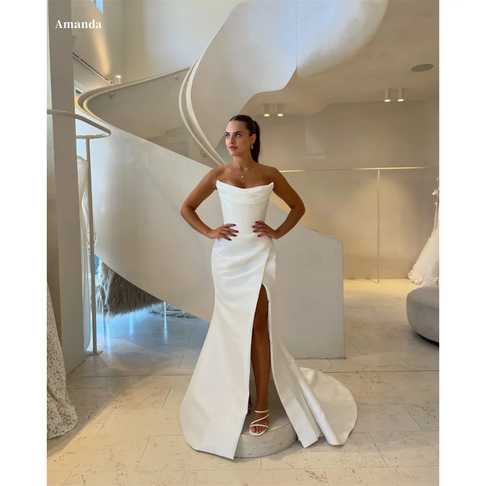 Amanda Customized White Side High Slit Prom Dress Strapless  Floor-Length vestidos de noche Elegant Sleeveless Formal Evening