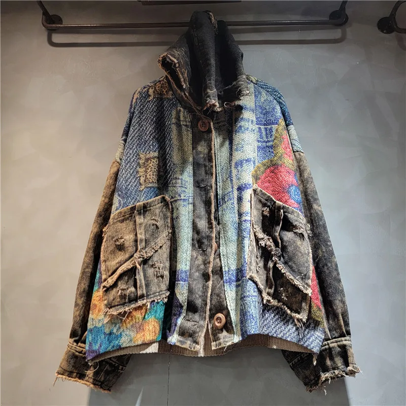 Vintage Woman Contrast Color Flowers Printed Hooded Denim Jacket Distressed Splicing Jeans Coat Pockets Cowboy Cardigan Tops