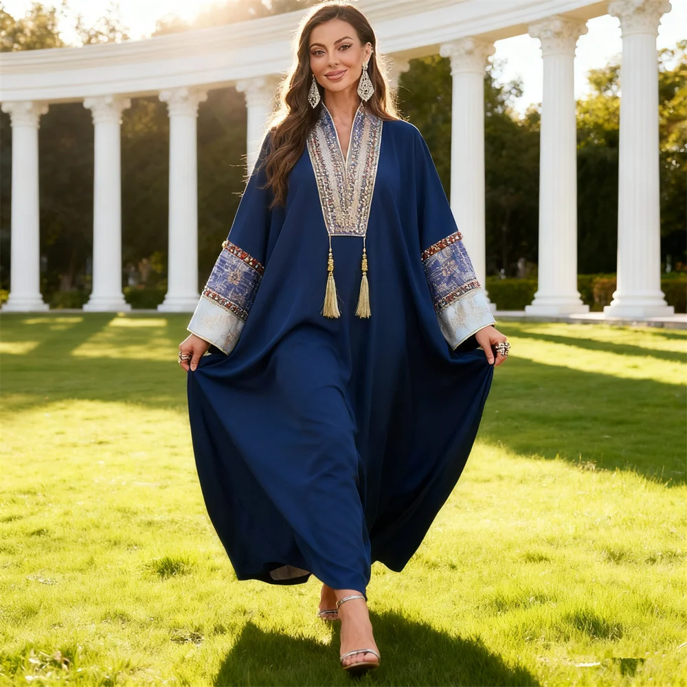 

Мусульманские платья с кисточками для женщин Дубай Абая Турция Кафтан Марокко Кафтан Kebaya с рукавами «летучая мышь» Джалабия халат арабское вечернее платье