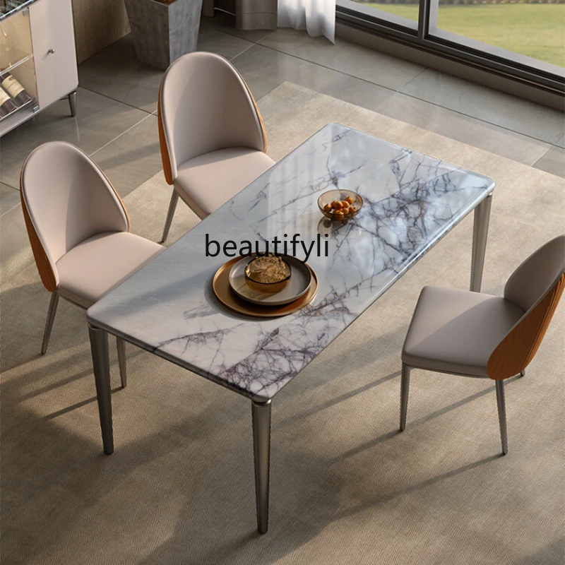 Luxury Stone Italian Minimalist Natural Marble Dining Tables and Chairs Set Rectangular Light Luxury Villa Restaurant