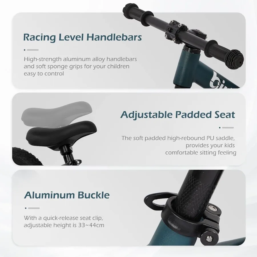 12インチバランスバイク、2歳、3歳、4歳、5歳の男の子と女の子向け、軽量ナイロンフレーム、幼児用トレーニングバイク、ペダルなし、調整可能