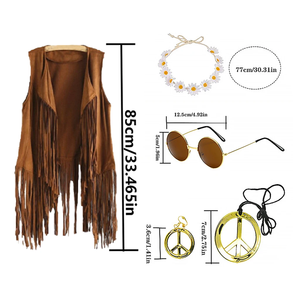 PESENAR Hippie Costume Set, 60s Women Hippie Costume Accessories Set, Includes Tassel Vest & Boho Headband & Tassel Earrings