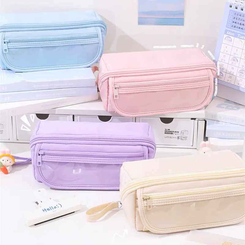 Macaron Solid Color Pencil Case Large Capacity Student Multi functional Pen Case Pen Bag Stationery Storage Bag Pencil Pouch