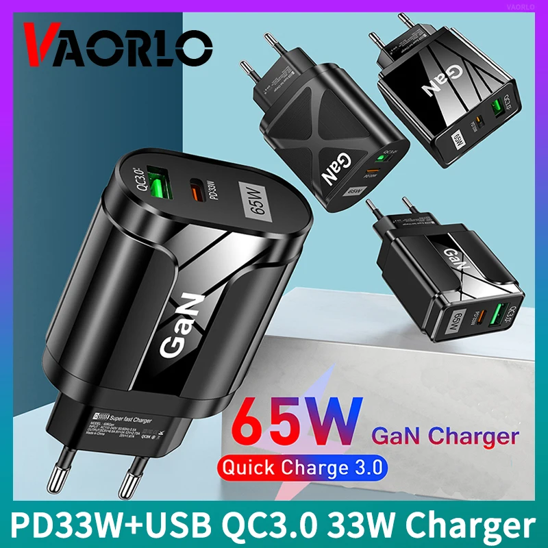 GaN зарядное устройство для телефона PD33W + USB QC3.0 33W = 65W Type-C Быстрая зарядка 5V/6.6A 9V/3A 12V/2.75A 20V/1.67A Макс адаптер США/ЕС/штепсельная Вилка стандарта Великобритании
