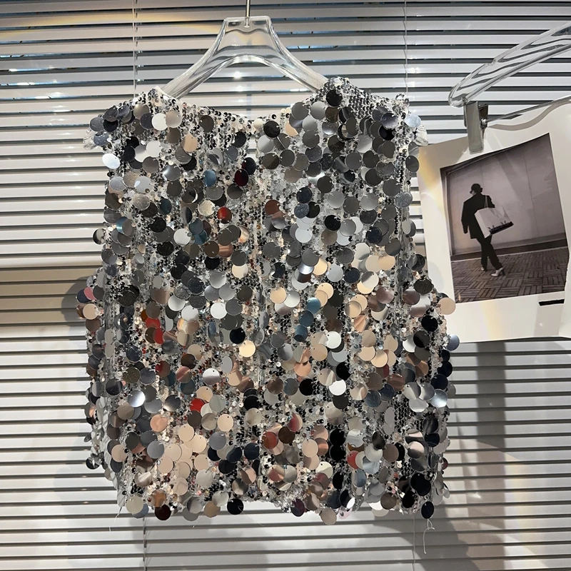 Printemps 2026 paillettes Performance poids lourd gilet ample t-shirt femmes trajet Sle Polyester Fiber couleur Pure Faion article