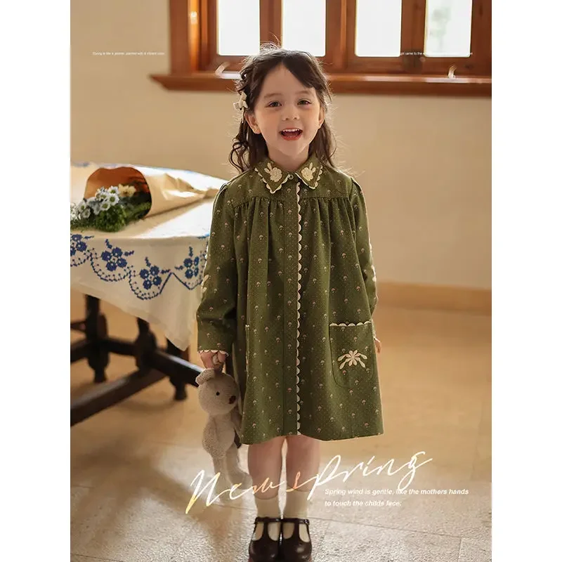 Cute Girls Dress Retro Green Embroidery 2023 Spring Autumn New Long Sleeve Princess Style Causal All-match Korean Version