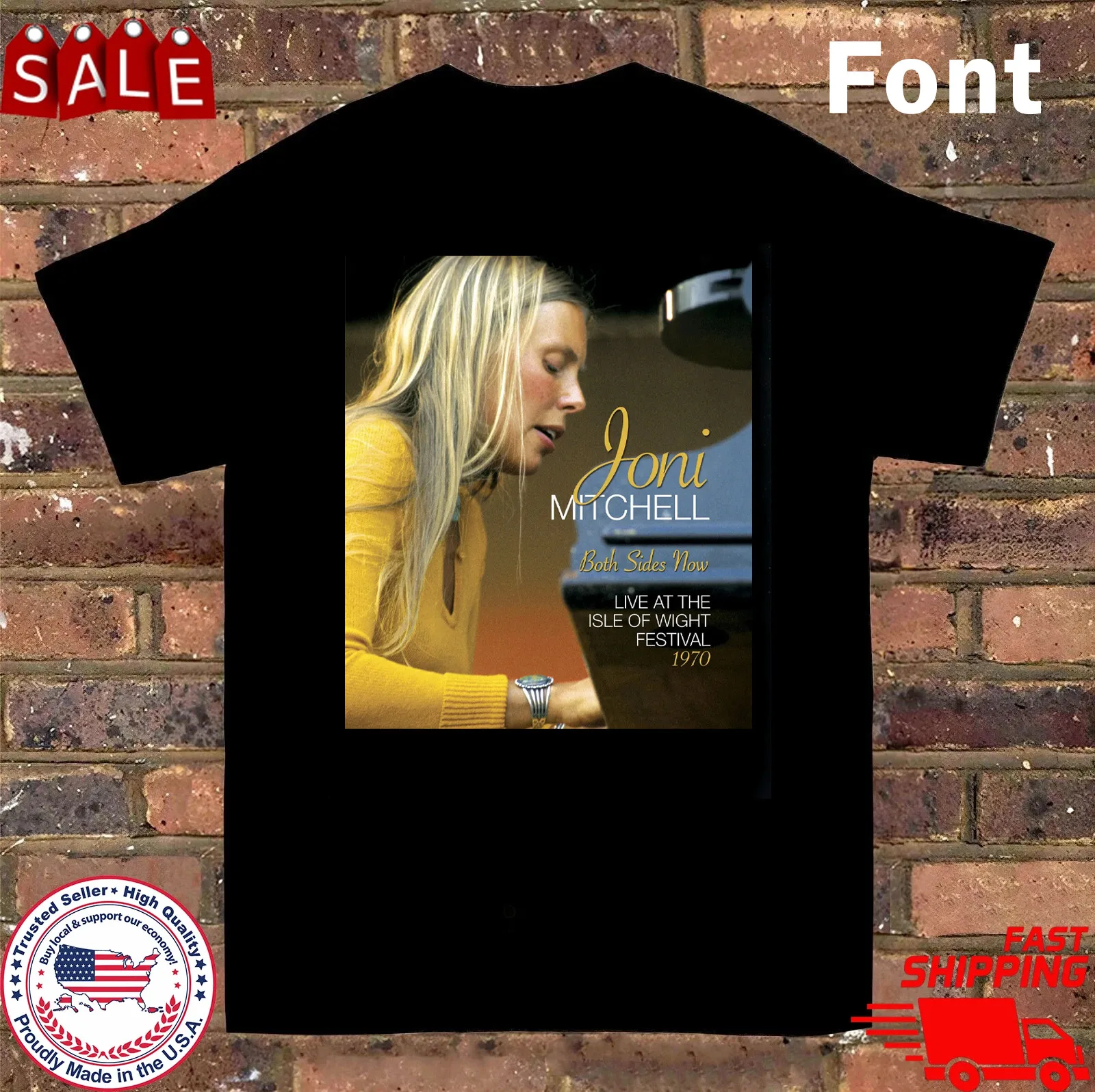Rare Joni Mitchell Live at the Isle of Wight 1970 Black T Shirt All Size