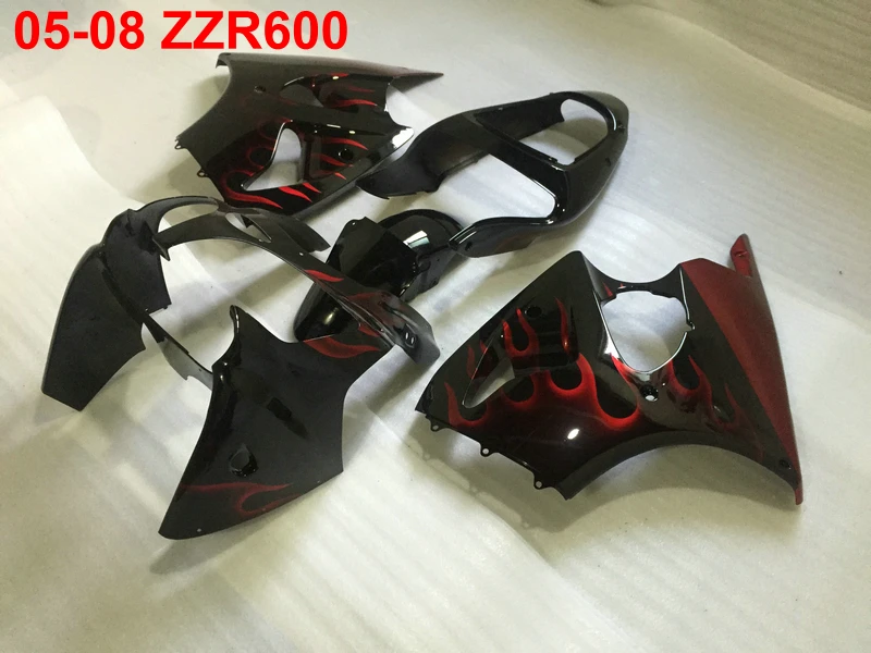 New Injection molded fairing kit for Kawasaki Ninja ZZR600 05-08 red flames black fairings set ZZR600 2005-2008 OT18