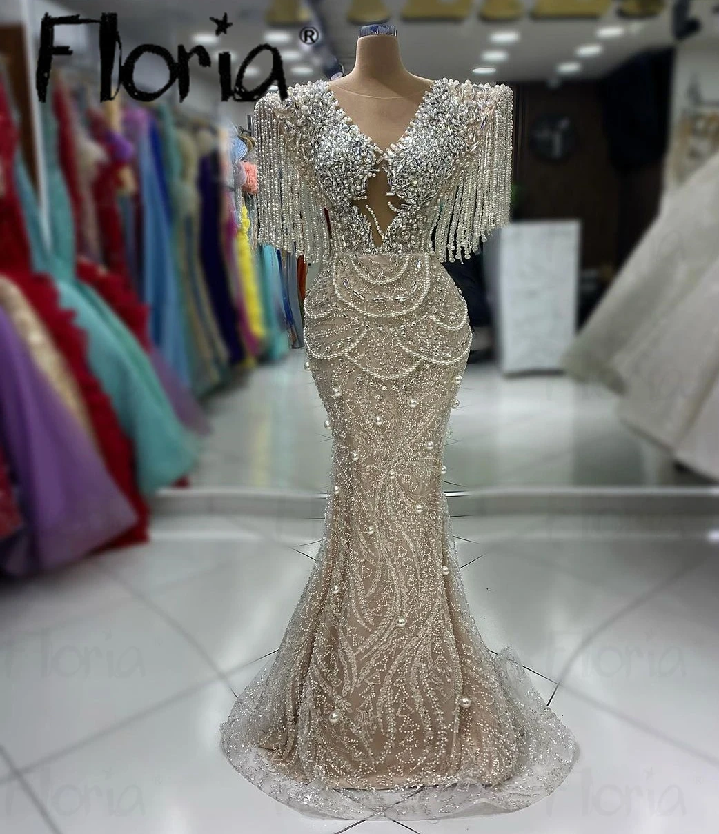 Chic Nude Beige Long Tassel Party Dress Caped Sleeve Arabic Beaded Mermaid Wedding Party Gowns Women Pageant Prom Dresses Duabi