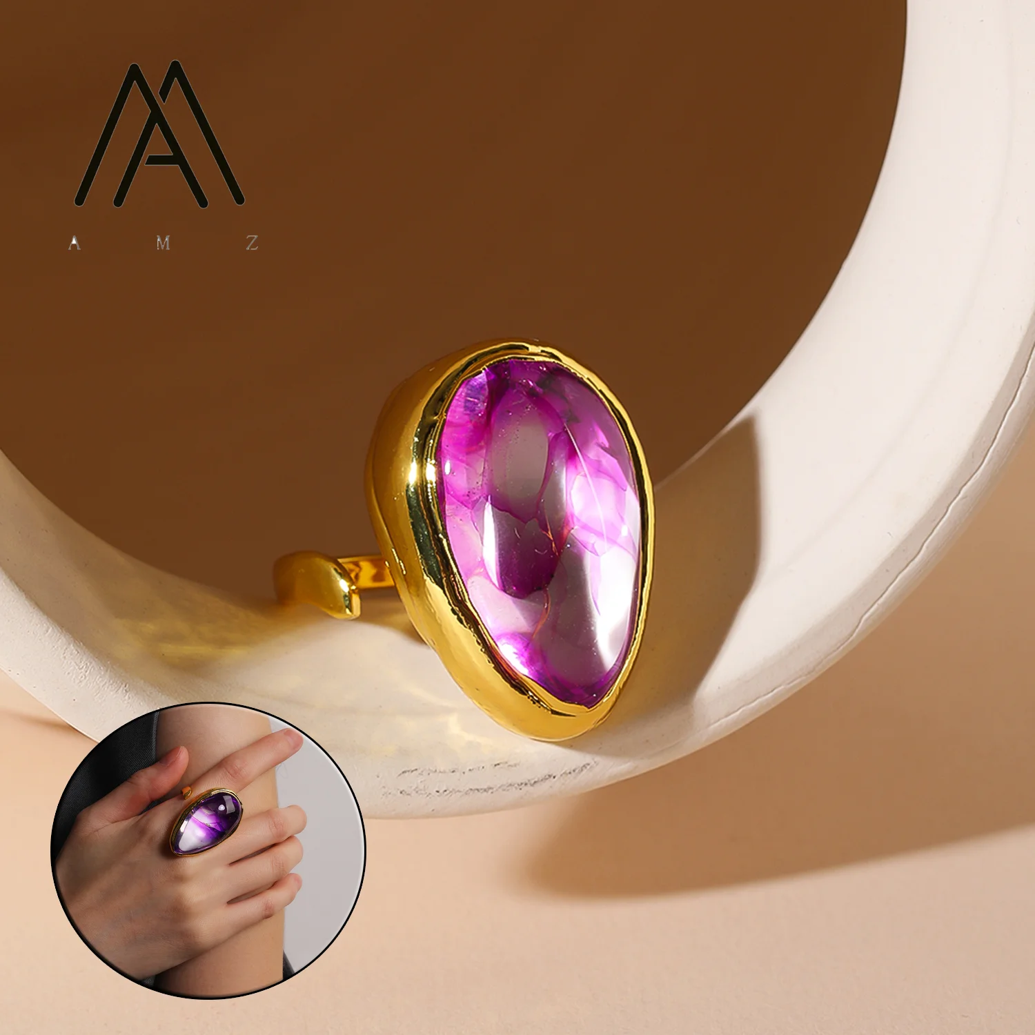 

Romantic Pink shell Wedding Ring 24K Gold-Plated Natural Classic Ring Lava Texture Fashion Jewelry Womens Gift Jewels Accessorie
