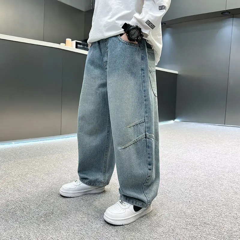 Dżinsy chłopięce na wiosnę i jesień, spodnie codzienne dla dzieci w wieku od średniego do dużego, przystojne i uniwersalne, spodnie chłopięce, styl uliczny.