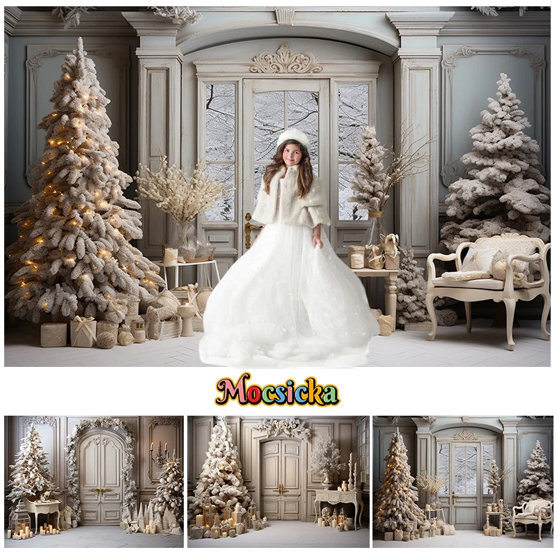 

Mocsicka Winter Christmas Backdrop For Kids Family Portrait Photography White Xmas Tree Wooden Door Birthday Party Decor Props
