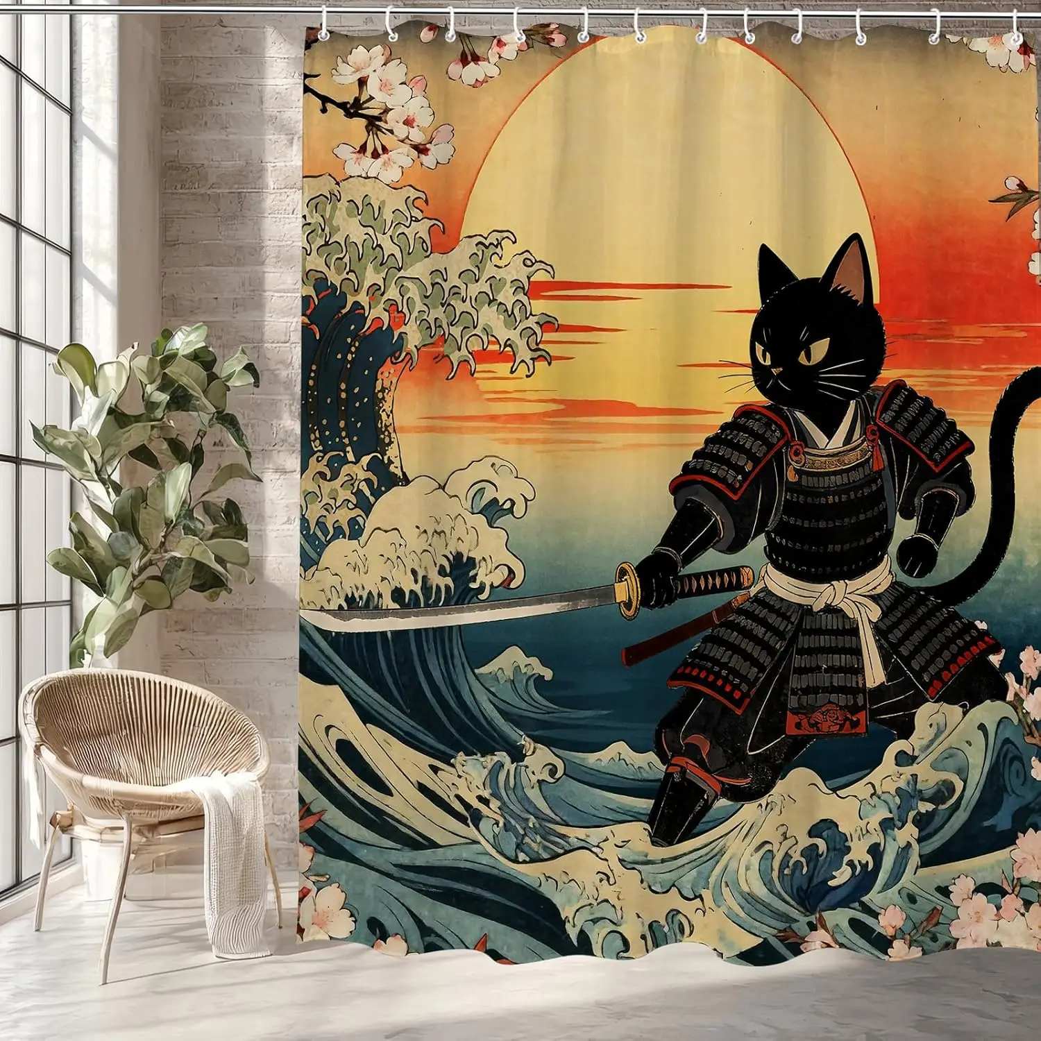Funny Japanese Cat Sunset Shower Curtain, Vintage Anime Ocean Wave Kitten Decor, Artistic Waterproof Washable