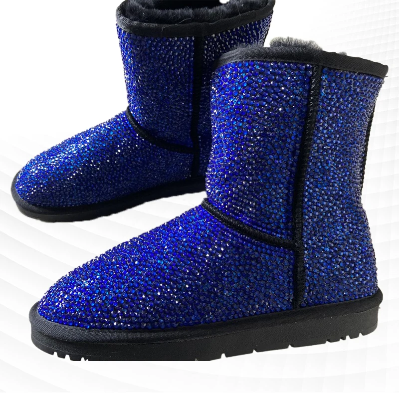 Heavy industry blue full drill mid-tube fur one party snow boots hand custom plus fleece thick casual women's cotton shoes 35-44