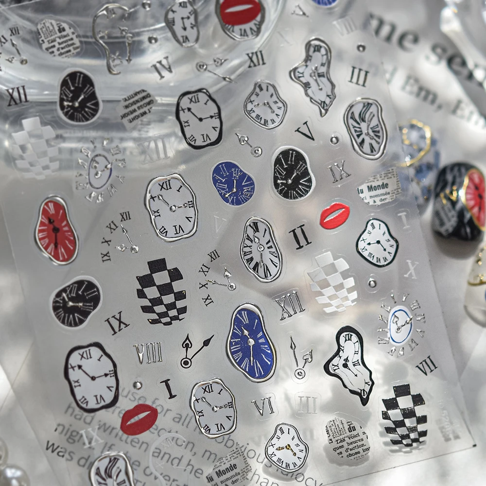 Silber gebrochene Uhr Monochrom Checker klassische rote Lippen schicke Vintage 5D Nail Art Aufkleber selbstklebende Dekoration Maniküre Aufkleber