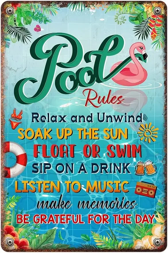 All Over Printed, Pool Rules Sign,   side   House Decor, side  8x12 Inches Metal Sign