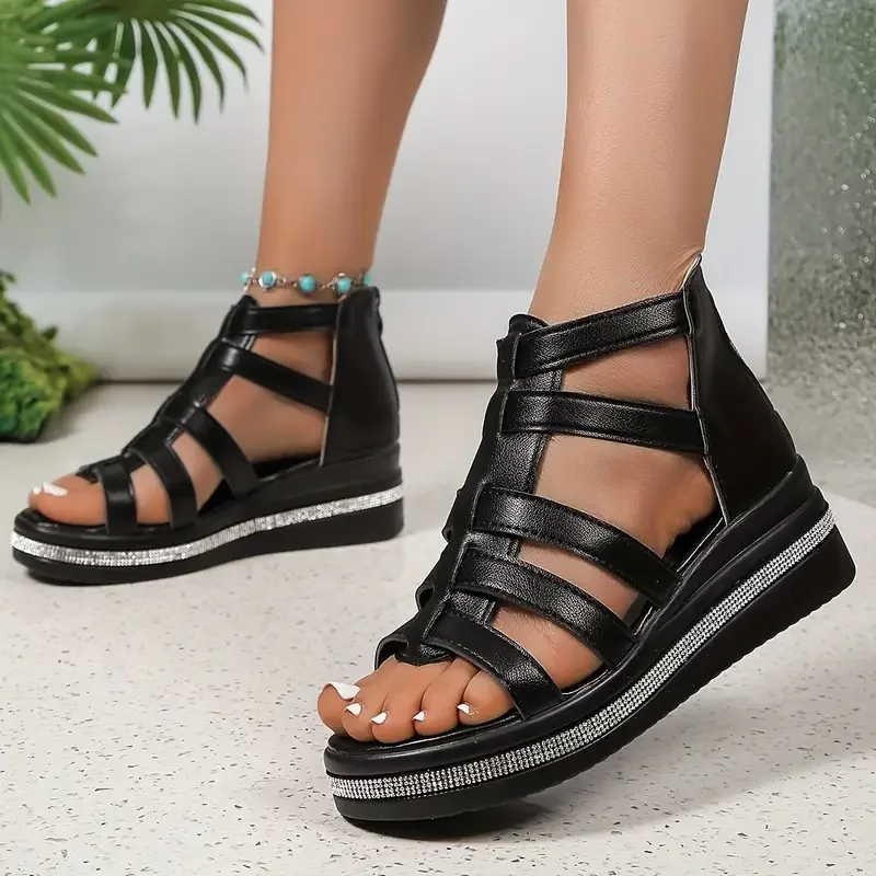 Roman Fashion Model Summer Heel Fish Mouth Women's Sexy Sandals Zipper Crystal Comfortable Banquet High Heels Zapatos Mujer