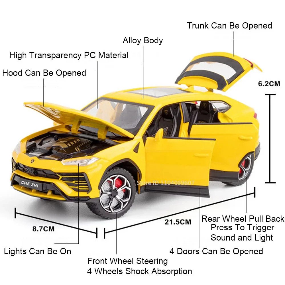 1:24 URUS Metal Diecast Model Car Toys Pull Back Sound Light Doors Opened Shock Absorption Ornament Vehicle Toy Models Kids Gift