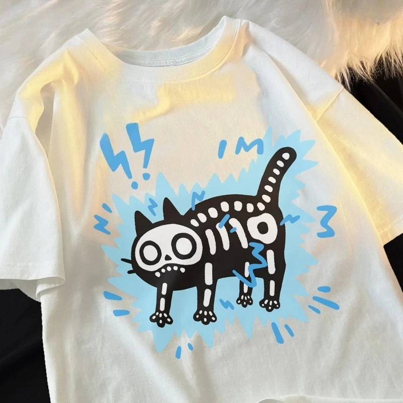 Electric Shock Cat Printed Woman Fashion Brand Trendy Short-sleeved T-shirt Women Summer Skull Cat Casual Funny T-shirt