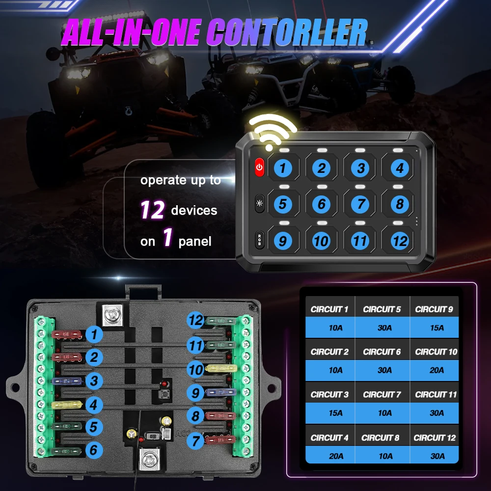 HAOLIDE 12Gang RGB Wireless Switch Panel Led Work Light Switches Box Controller for Universal Cars Truck off-road use 12V 24V