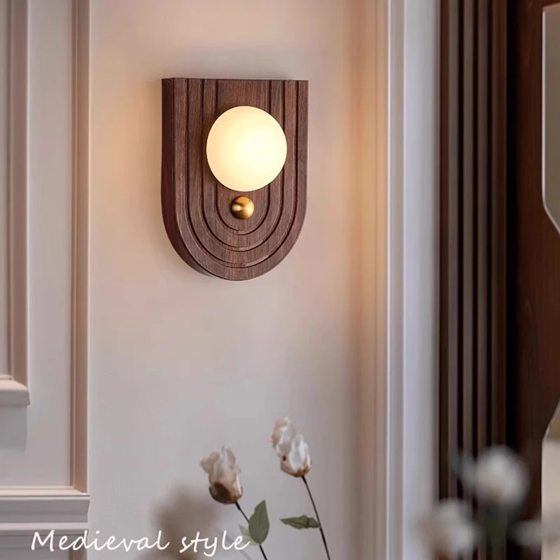 Retro Dark Walnut Finish Wall Lamp LED Bedroom Bedside Wall Light Natural Marble Wall Sconce  Indoor Room Decoration Balcony