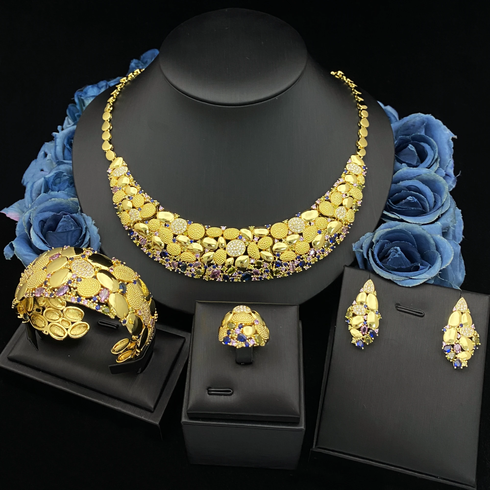 

JRH Wedding Jewelry Set Multicolor Zircon for Angola Women Necklace Earrings Bracelet Ring Perfect Gift