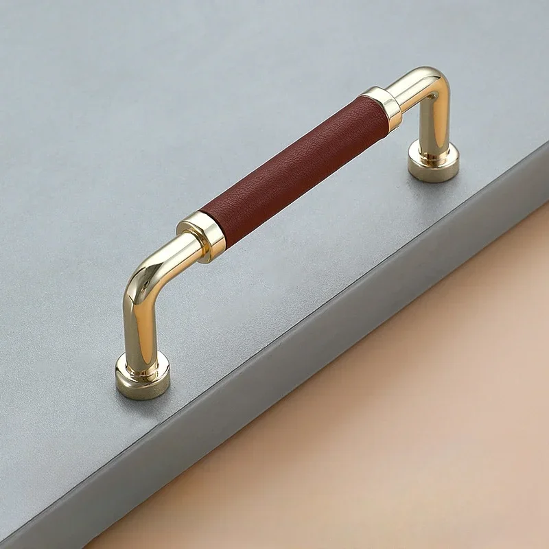 Luxury Golden Leather Cabinet Pulls Modern Simple High-end Shoe Cabinet Drawer Wardrobe Door Handle Handmade Leather Pulls