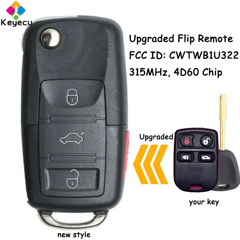 KEYECU Upgraded Flip Remote Control Car Key With 4 Buttons 315MHz 4D60 Chip for Jaguar XK8 XKR 2001-2006 Fob FCC ID: CWTWB1U322