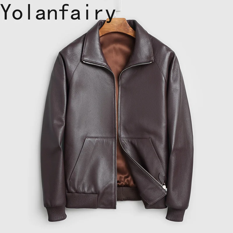 YOLANFAIRY High-end Real Deerskin Genuine Leather Jacket Man Short Lapel Imported Leather Jackets Men Luxury Wine Red Coat 2025