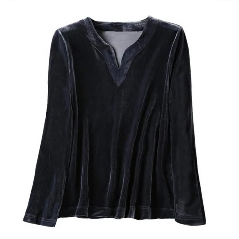 2024 Women V-neck velvet shirt casual full sleeves loose velour blouse playsuit streetwear Spring & Autunm blusas mujer de moda