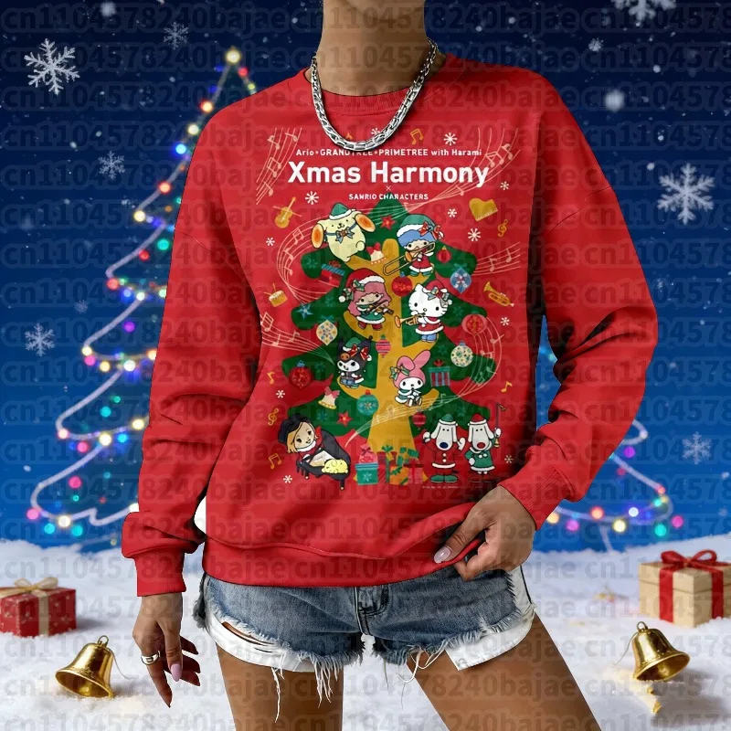 2025-26 الخريف/الشتاء شخصيات سانريو الوئام القبيح البلوزات المطبوعة المرأة عيد الميلاد موضة المتضخم البلوفرات غير رسمية