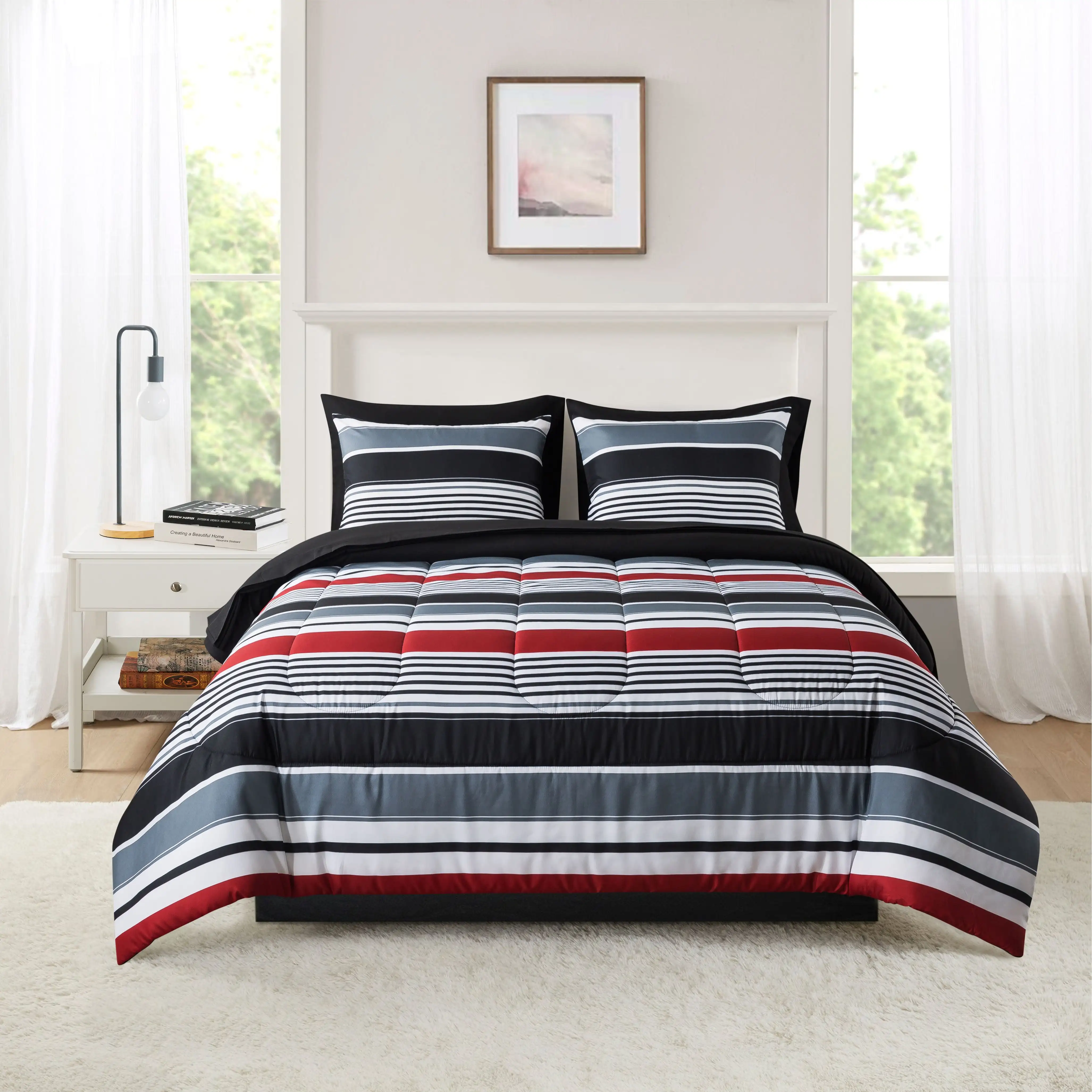 

7 Piece Reversible Bed in a Bag Comforter Set with Sheets, Red Stripe, King