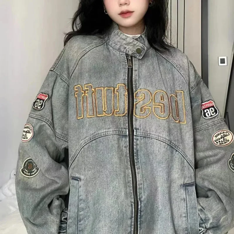 Unisex Embroidered Design Vintage Denim Jacket High Street Loose Coats Hip Hop Stand Collar Baseball Jacket for Women