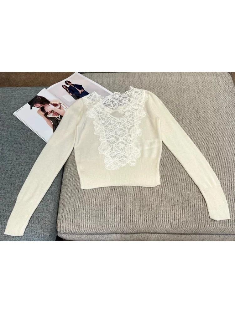 

Женский вязаный свитер с длинными рукавами, кружевной вышивкой, V-образным вырезом и облегающим силуэтом